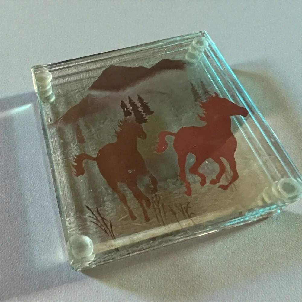 Vintage Western Horse Glass Coasters Set of 4 Rustic‎ Mountain Cabin Decor 4x4